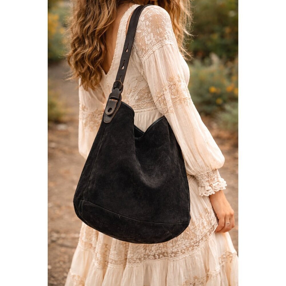 Black Suede Bucket Shoulder Bag Leather Strap Handmade Made by ICEKETI Minimalis
